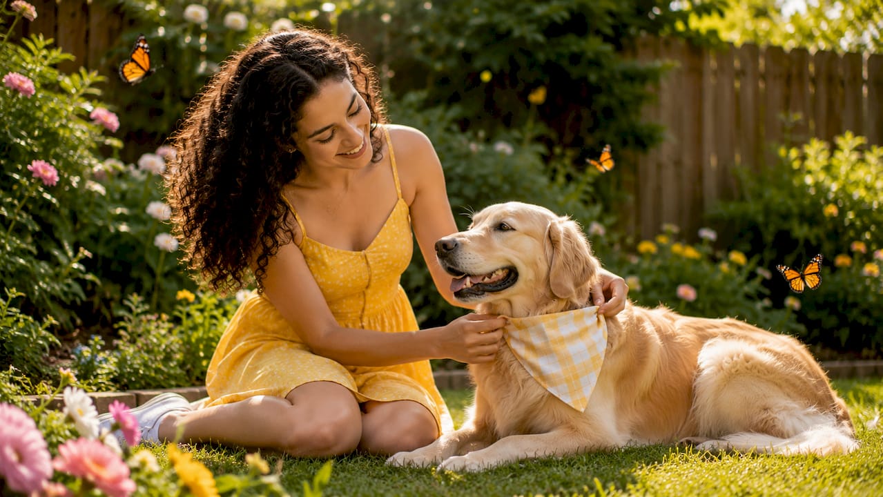Dog owner and dog wearing matching bandanas outdoors