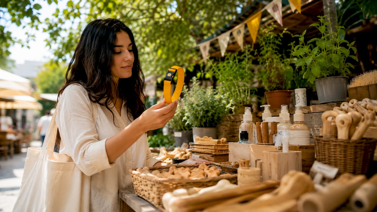 Woman examining sustainable dog collar in store