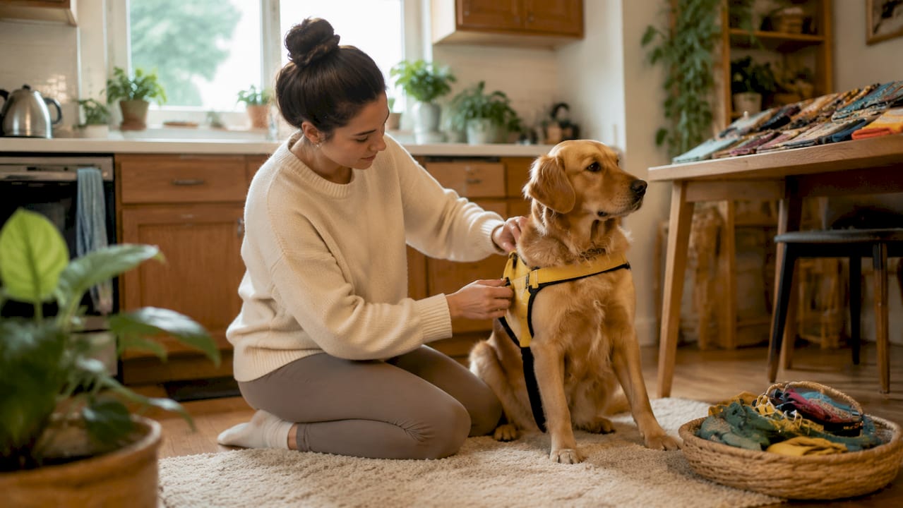 Woman fitting harness on golden retriever indoors