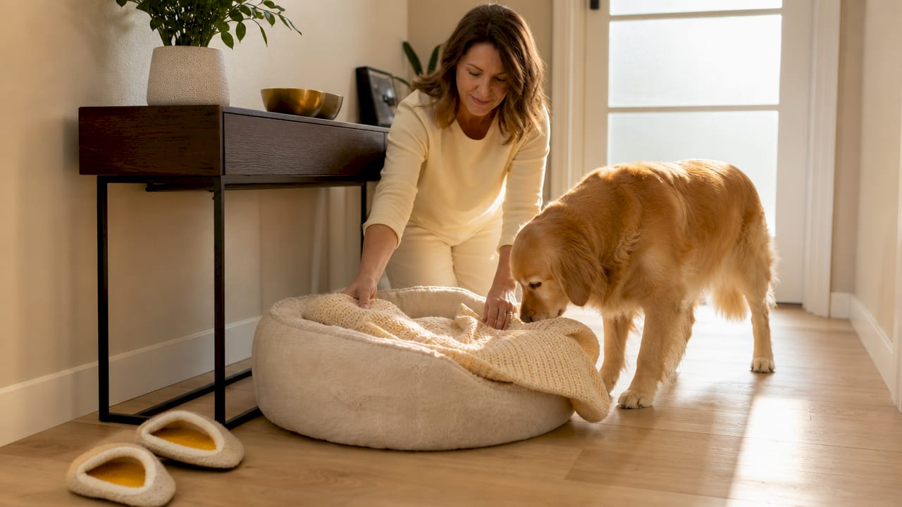 Woman arranging plush dog bed with golden retriever