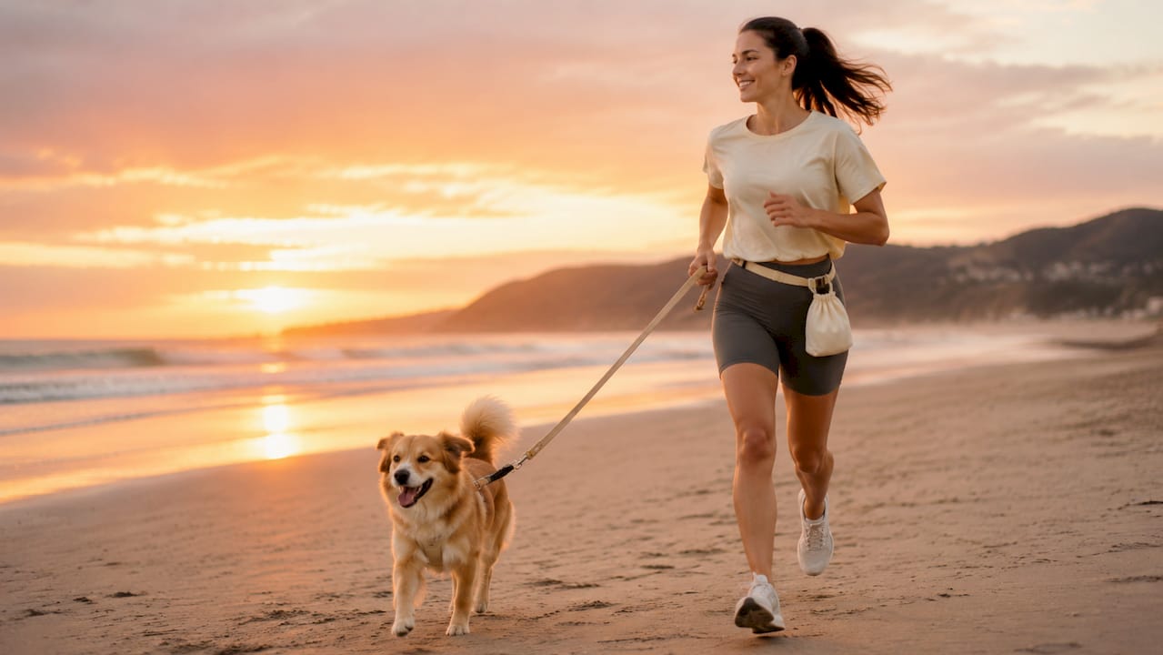 Woman walking dog with durable apparel outdoors