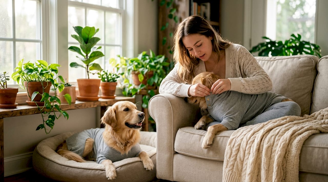 Woman dressing dog in loungewear indoors