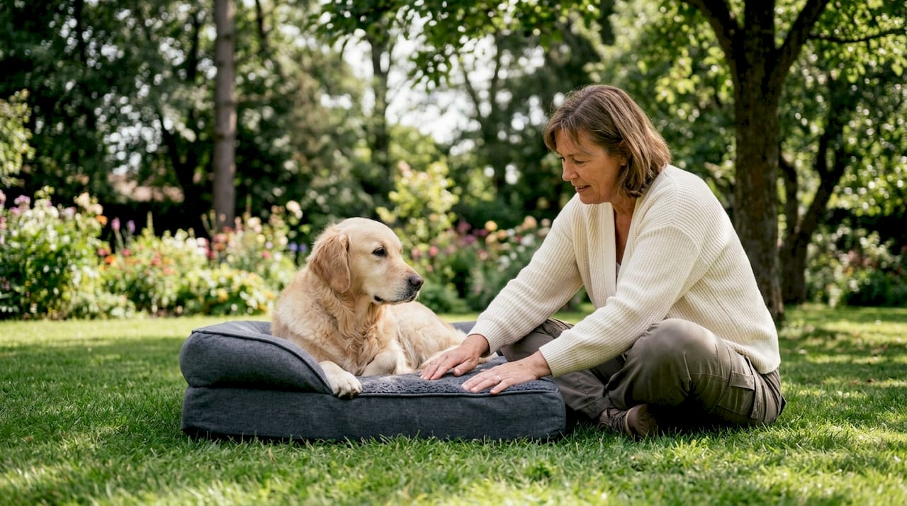 Woman examining dog on orthopedic bed