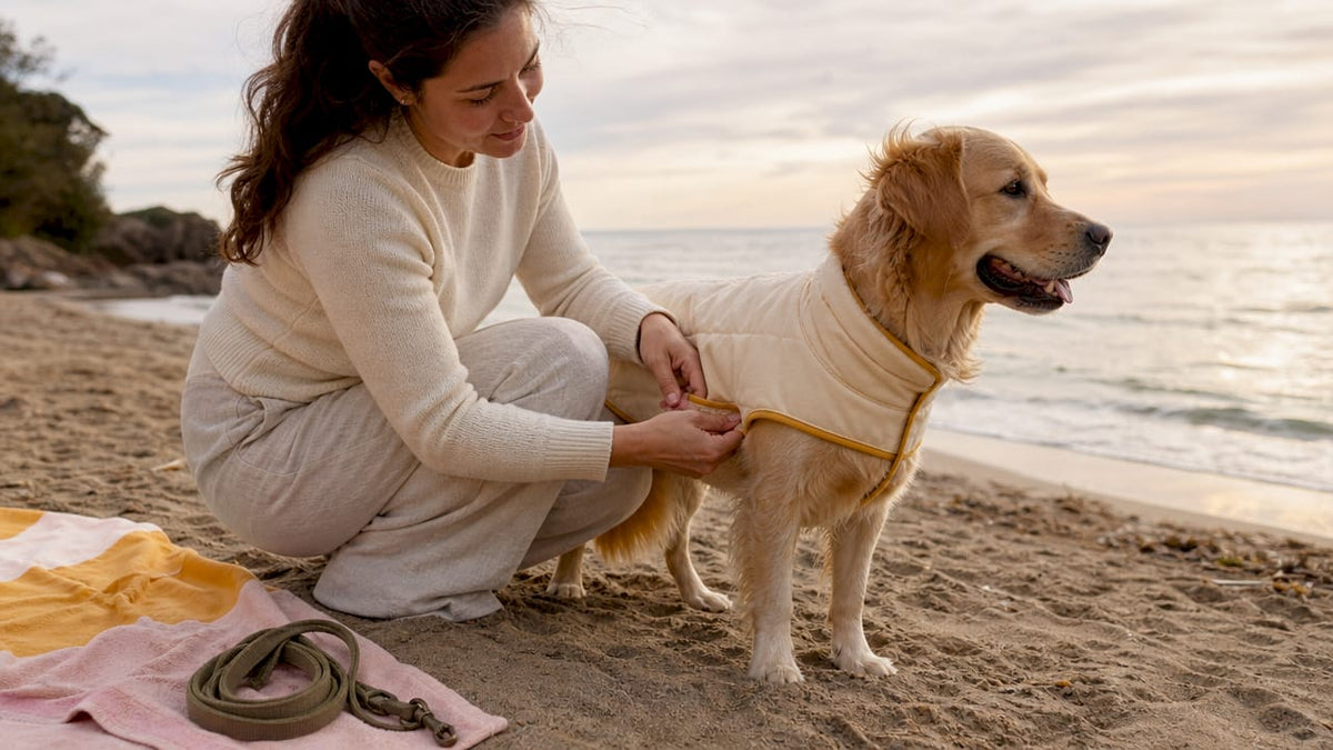 Woman adjusting dog coat outdoors in autumn