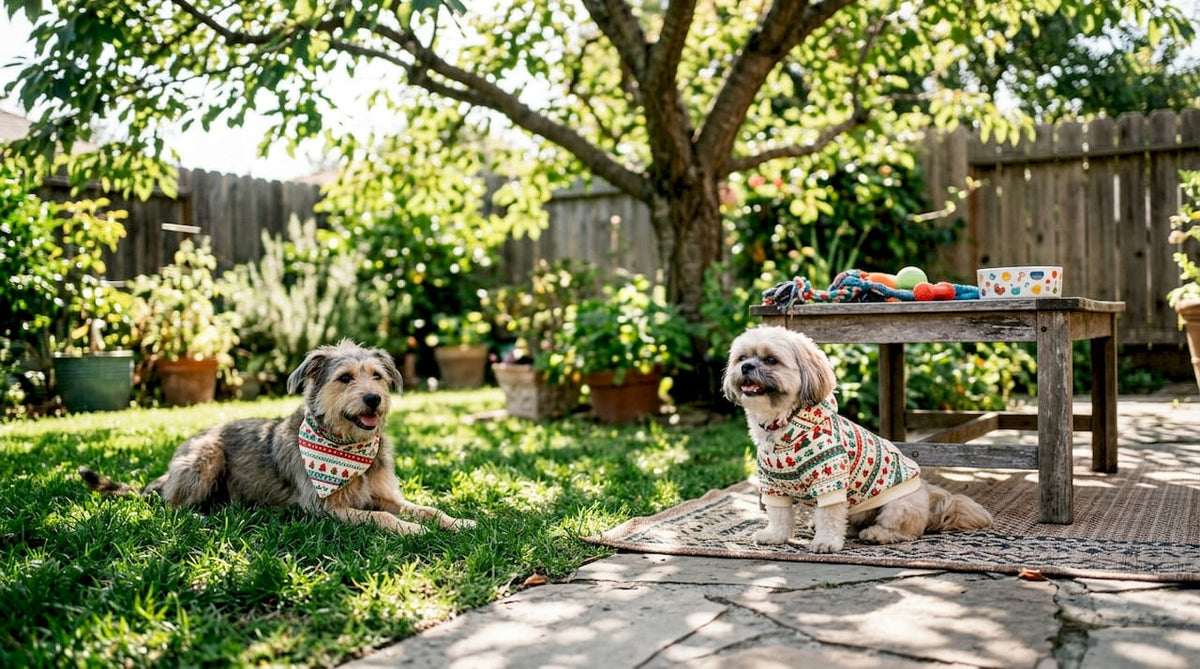 Two dogs wearing themed pet apparel indoors