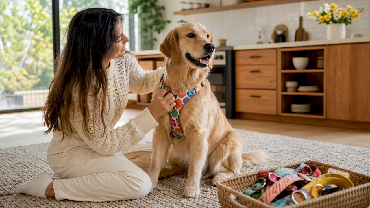 Woman fitting stylish harness on golden retriever