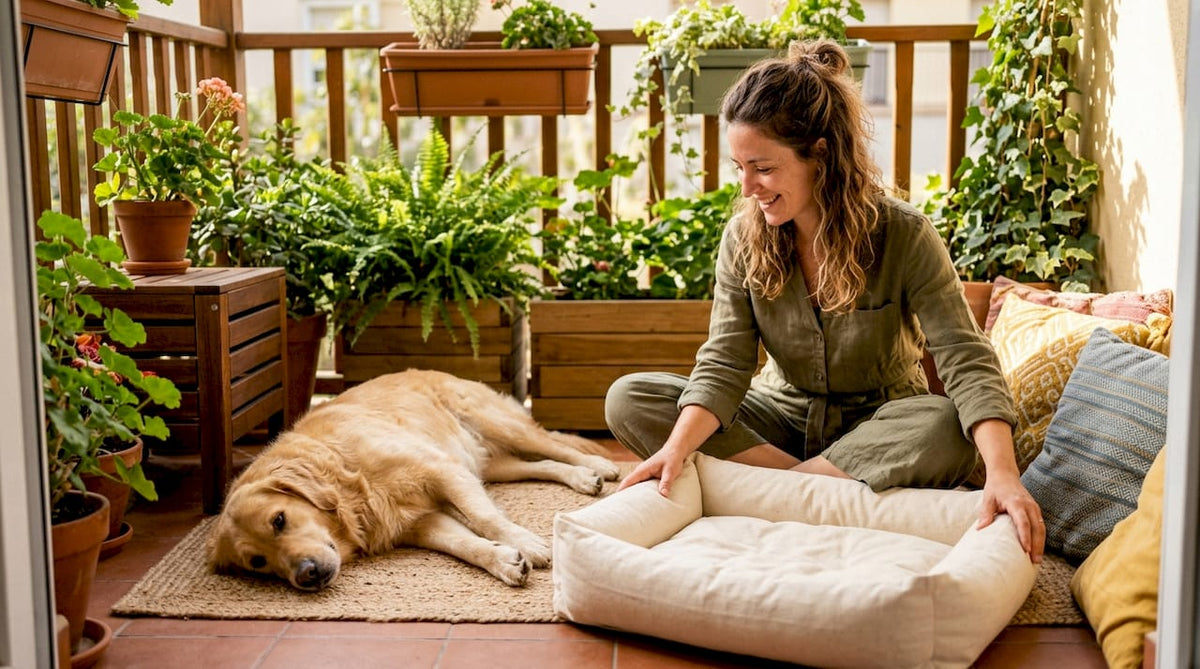 Woman arranging organic pet bed with dog