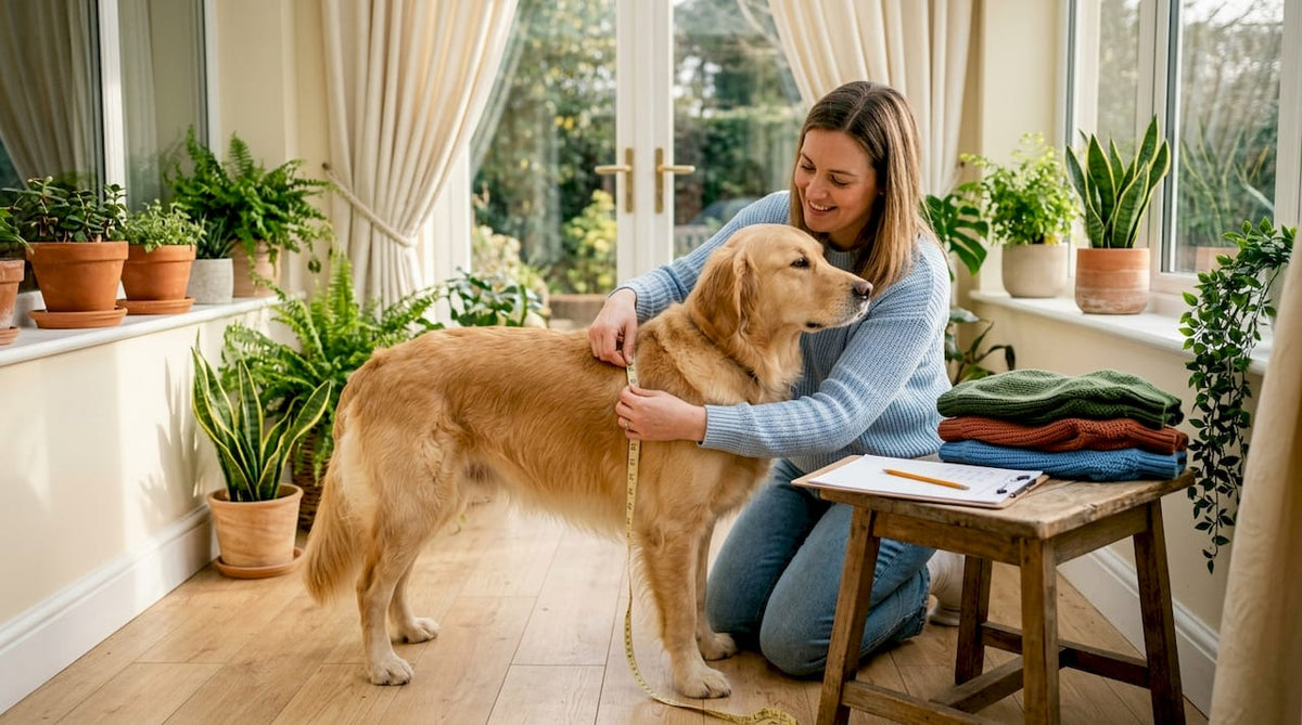 Woman measuring dog for apparel fit