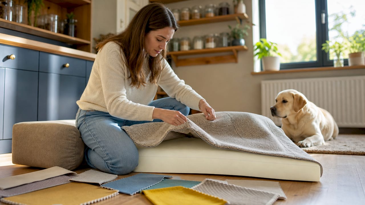 Woman assembling custom dog bedding at home