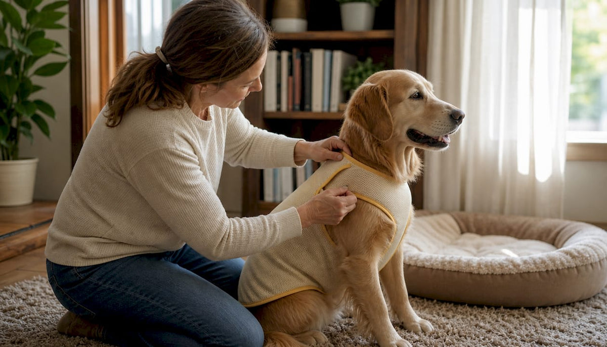 Woman putting comfort jacket on golden retriever dog