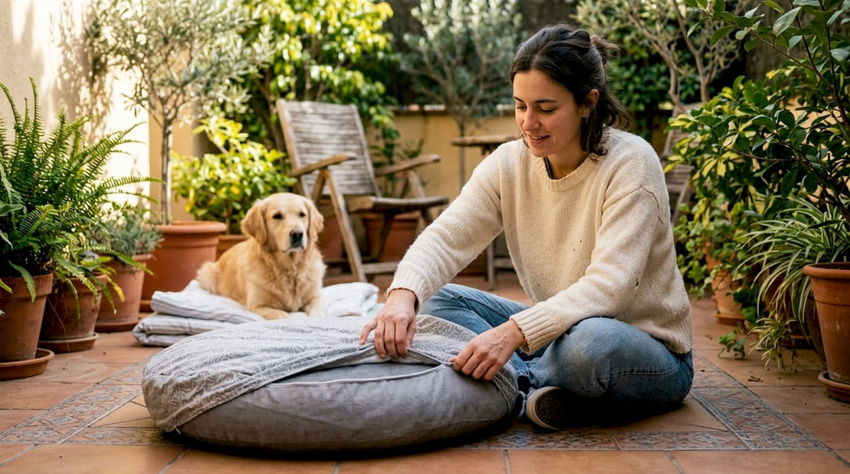 Woman removing washable pet bed cover