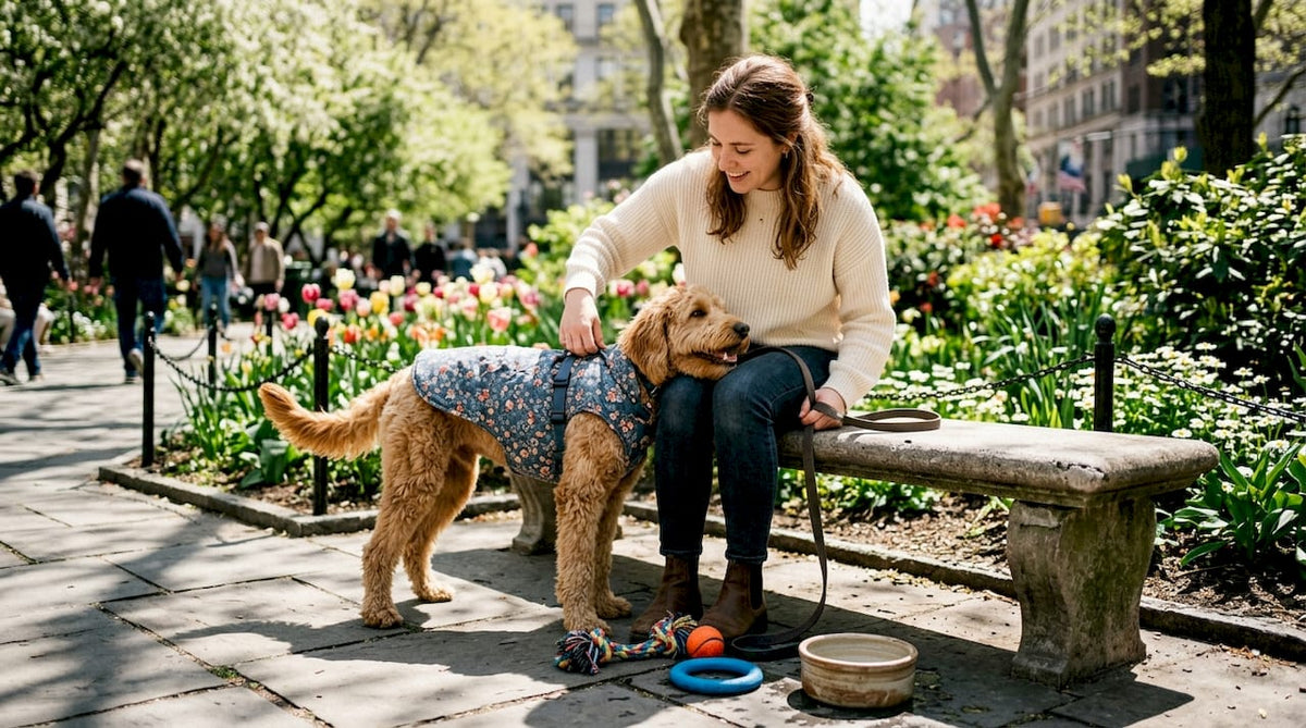 Woman adjusting jacket on dog in urban park
