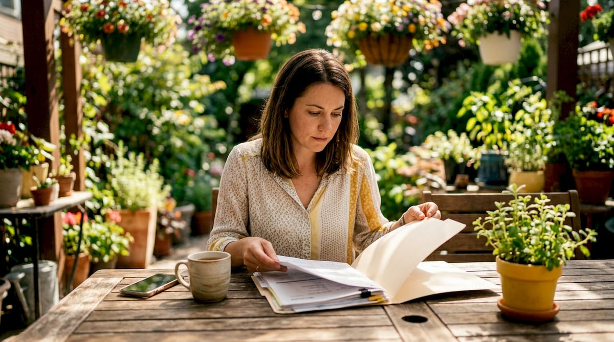 Person reviewing ethical pet shopping documents at home
