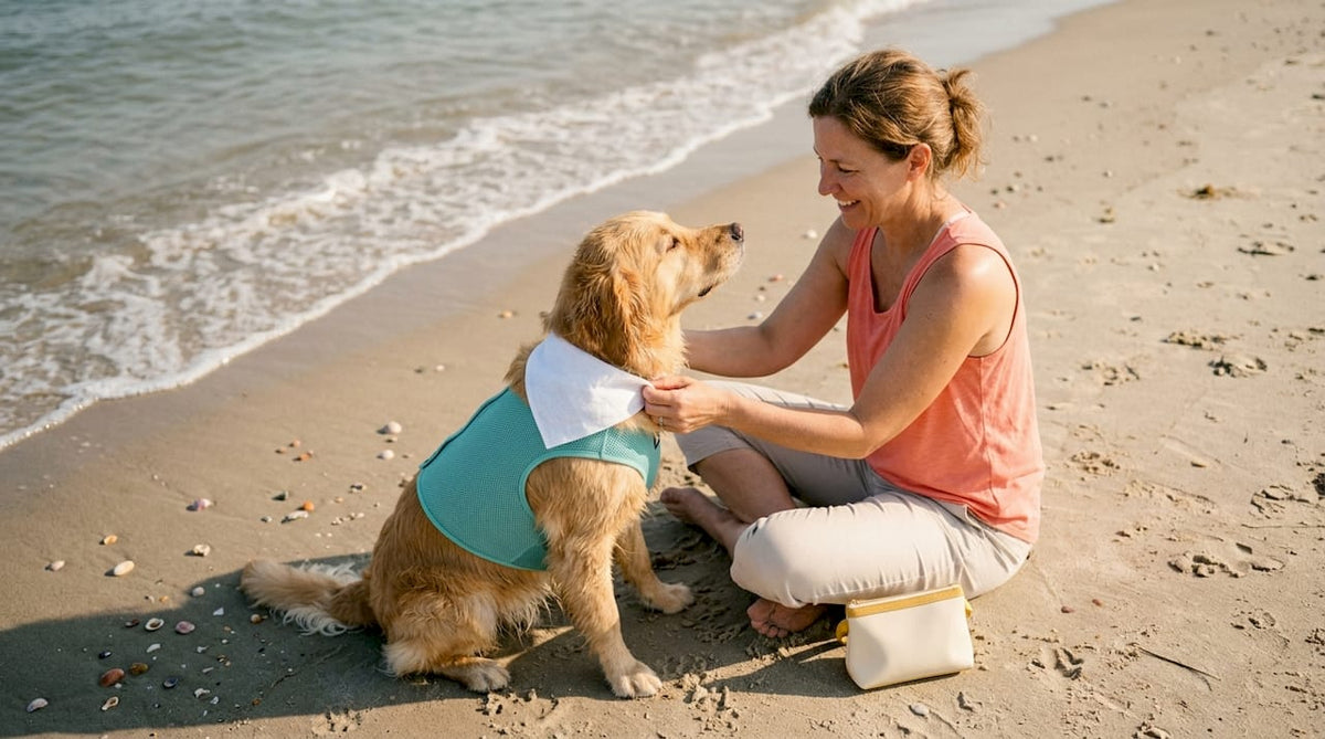 Dog owner adjusting dog's coastal beachwear on sand