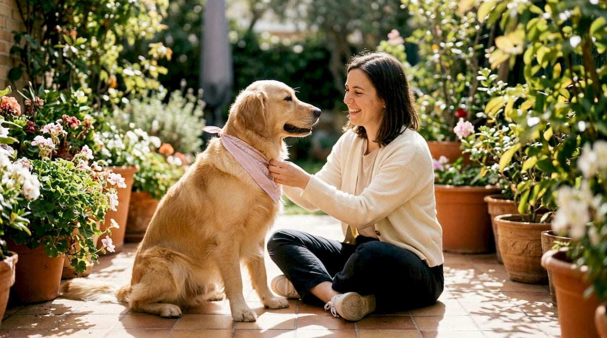 Woman dressing dog in living room