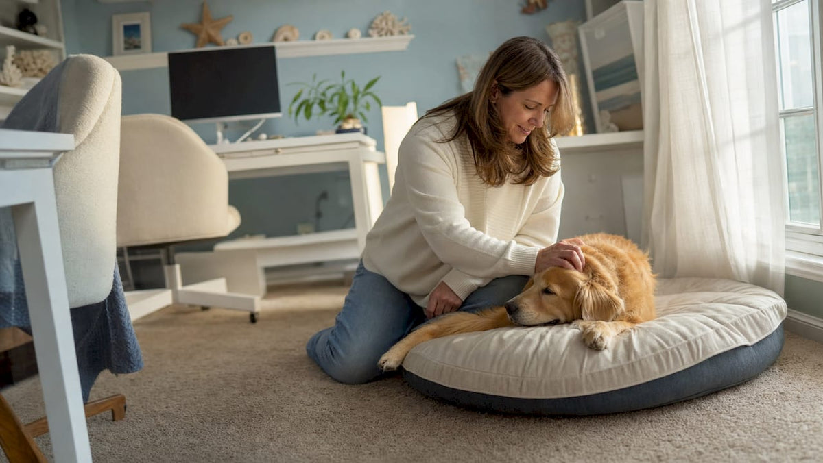 Woman comforting golden retriever in coastal living room