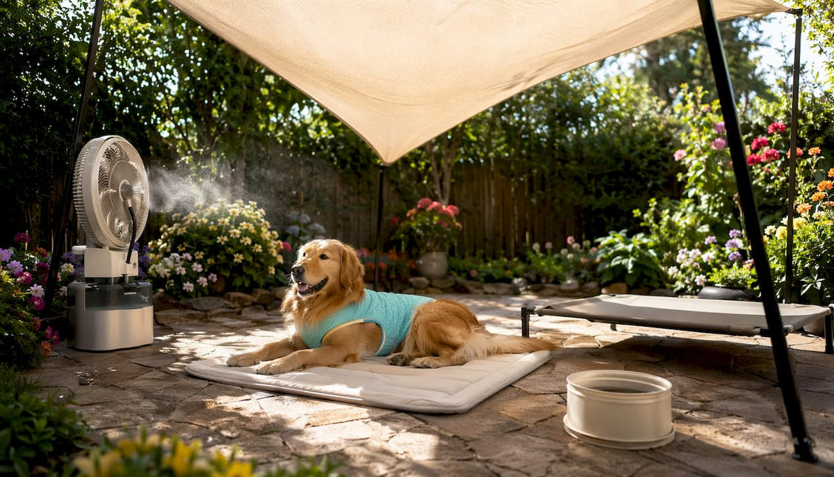 Golden retriever resting in shaded outdoor area with cooling vest