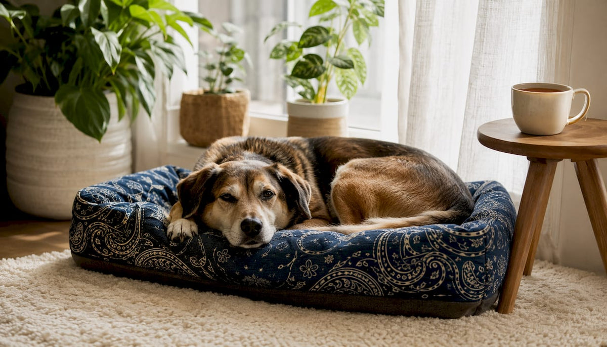 Dog resting on orthopedic dog bed in living room