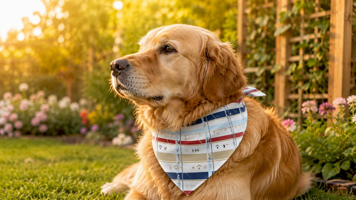 Golden retriever wearing pastel cotton dog bandana