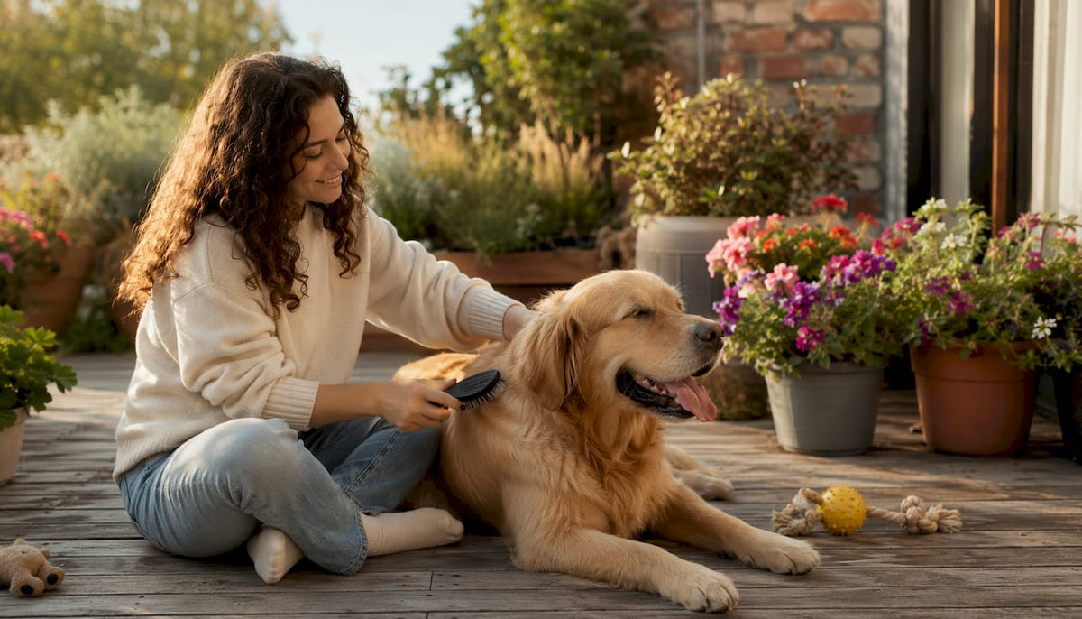 Woman grooming golden retriever at home