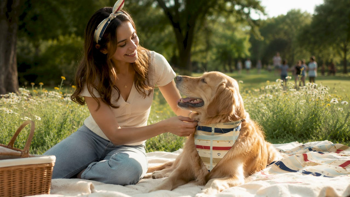 Woman and dog wearing matching floral bandanas
