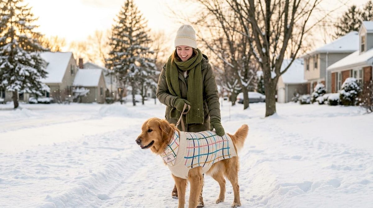 Woman walking dog wearing matching autumn outfits