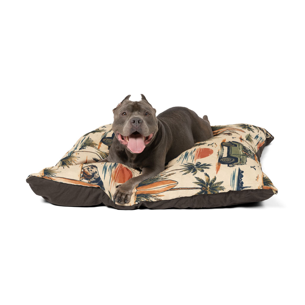 Coastal Cruiser Dog Bed – Retro Australian Shepherd & Beach Print Pet Bed