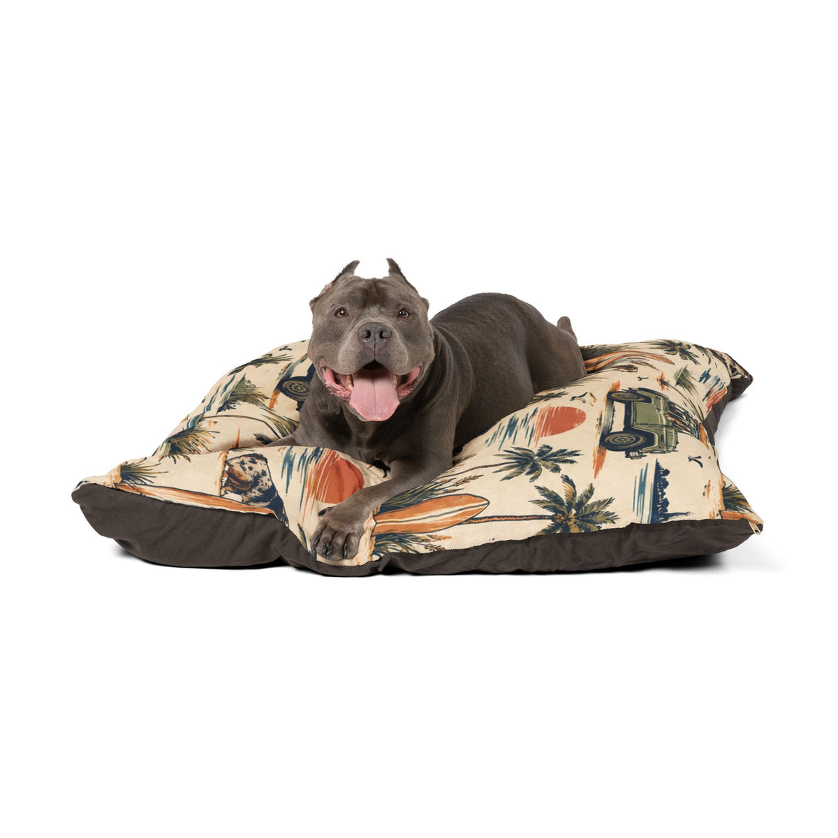 Coastal Cruiser Dog Bed – Retro Australian Shepherd & Beach Print Pet Bed