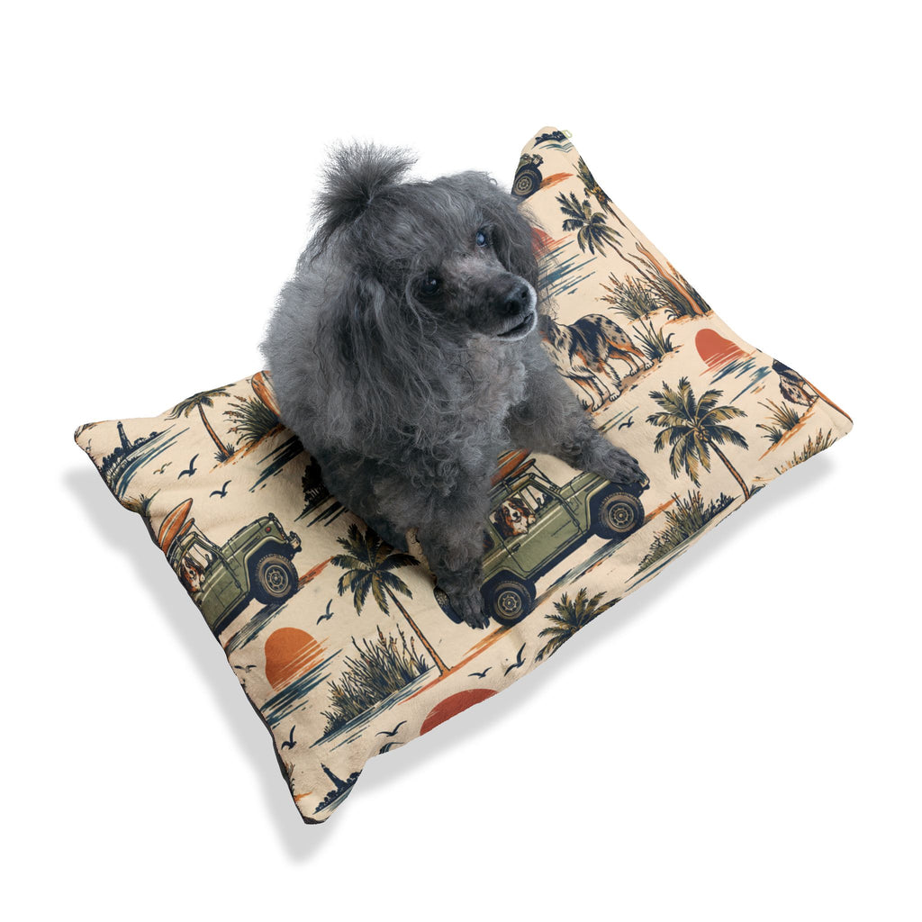 Coastal Cruiser Dog Bed – Retro Australian Shepherd & Beach Print Pet Bed