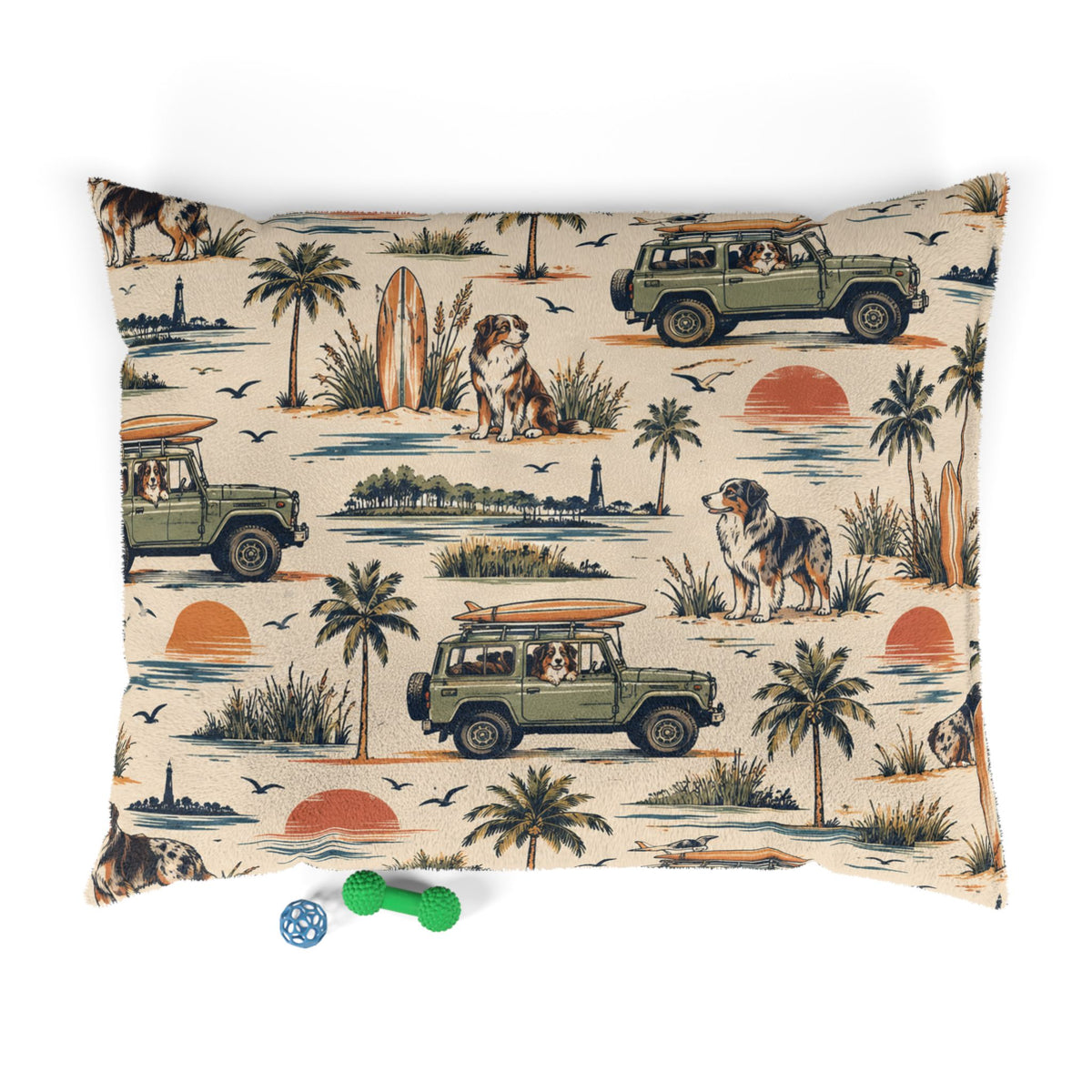 Coastal Cruiser Dog Bed – Retro Australian Shepherd & Beach Print Pet Bed