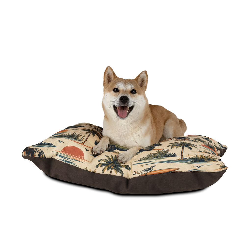 Coastal Cruiser Dog Bed – Retro Australian Shepherd & Beach Print Pet Bed