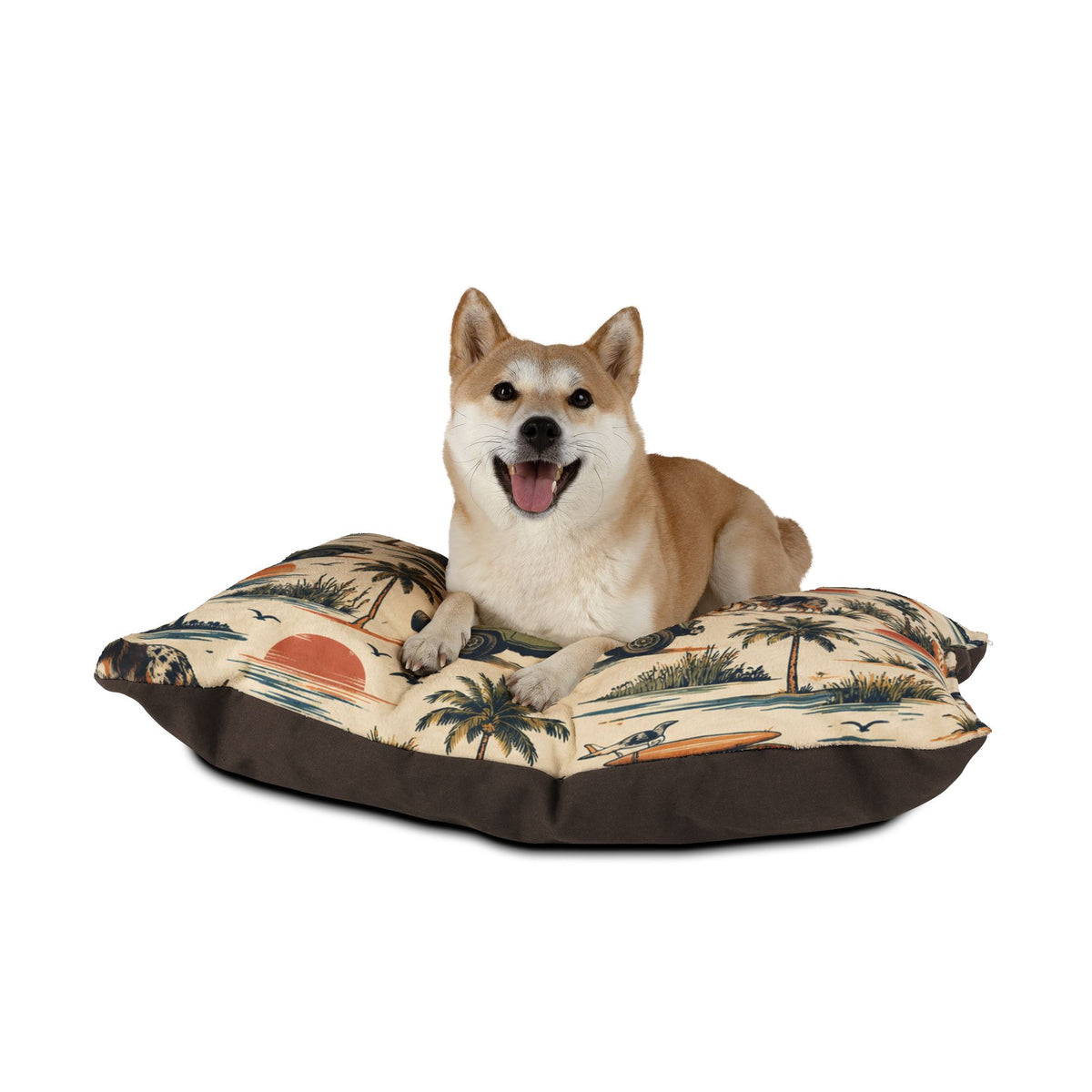 Coastal Cruiser Dog Bed – Retro Australian Shepherd & Beach Print Pet Bed