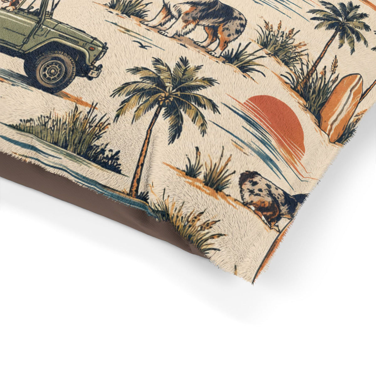 Coastal Cruiser Dog Bed – Retro Australian Shepherd & Beach Print Pet Bed