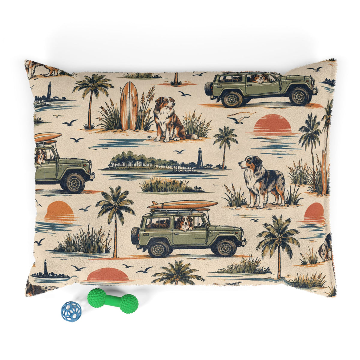 Coastal Cruiser Dog Bed – Retro Australian Shepherd & Beach Print Pet Bed