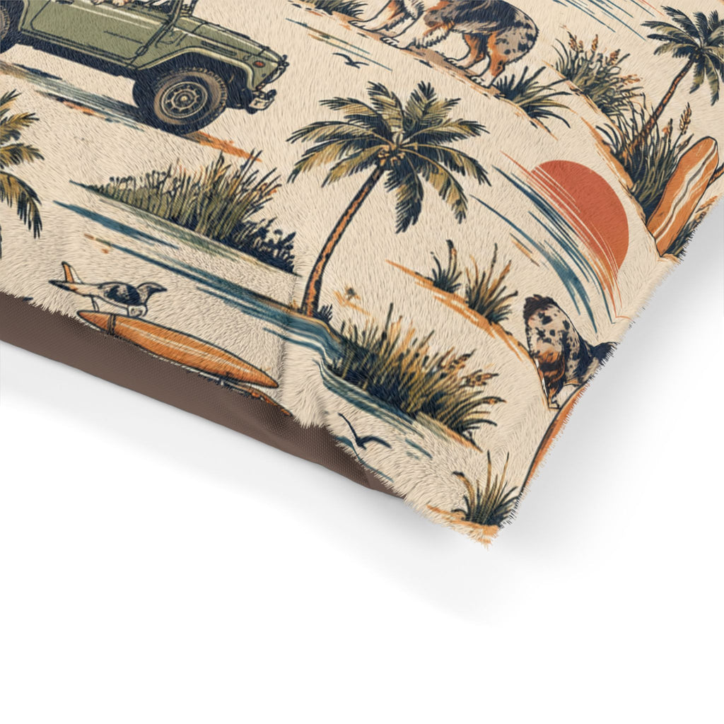 Coastal Cruiser Dog Bed – Retro Australian Shepherd & Beach Print Pet Bed