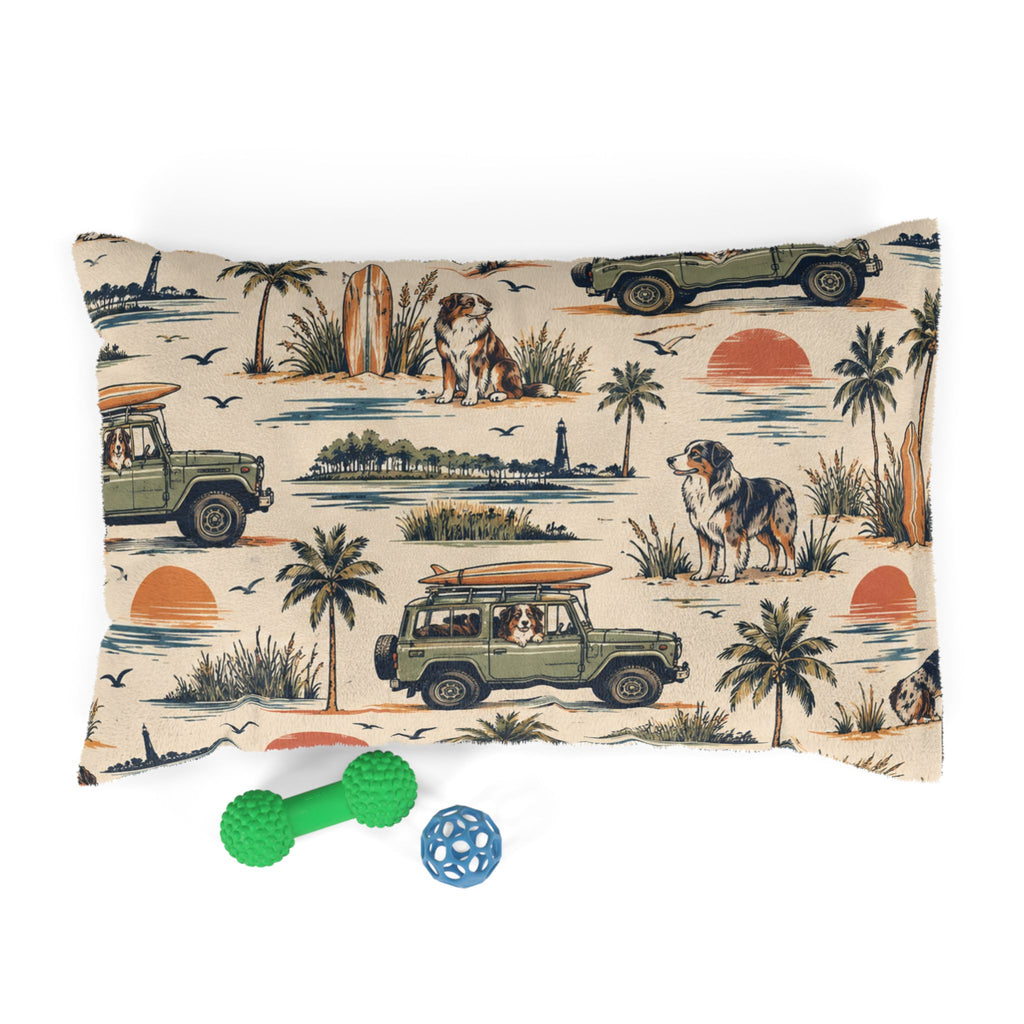 Coastal Cruiser Dog Bed – Retro Australian Shepherd & Beach Print Pet Bed